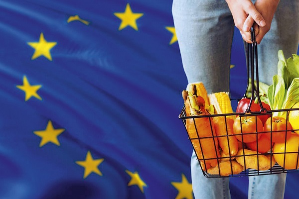 woman-is-holding-supermarket-basket-european-union-waving-flag-background-economy-concept-for-fresh-fruits-and-vegetables-2ADRD17 woman-is-holding-supermarket-basket-european-union-waving-flag-background-economy-concept-for-fresh-fruits-and-vegetables-2ADRD17